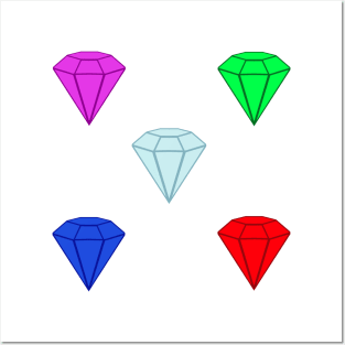 Gemstone Set.  Ruby, Emerald, Sapphire, Amethyst and Diamond. (White) Posters and Art